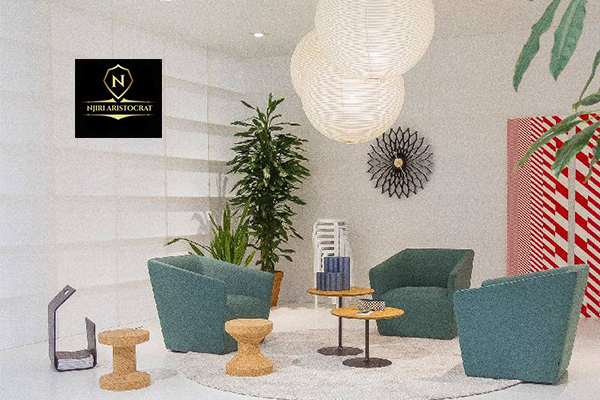 Yellow living room wall with sofa and warm sunlight